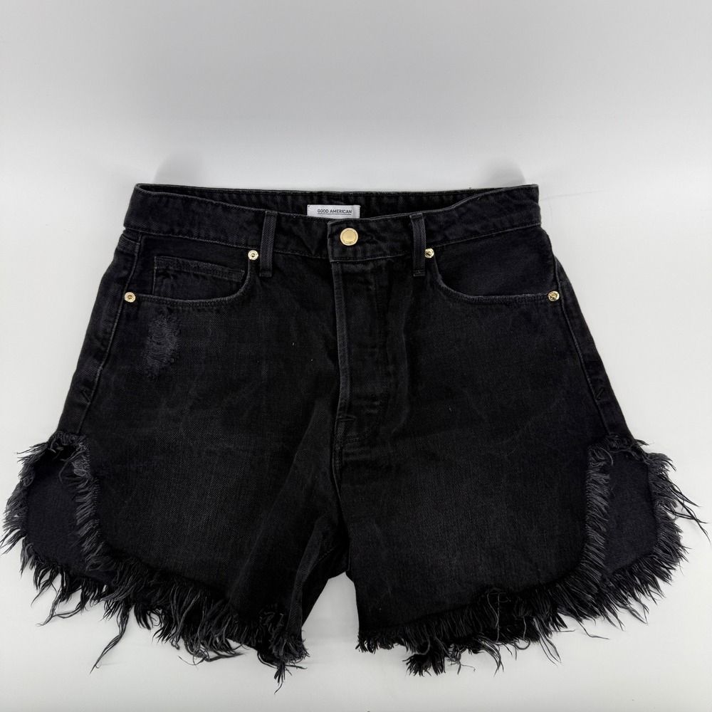 Good American Black High-Rise Frayed Hem Denim Shorts